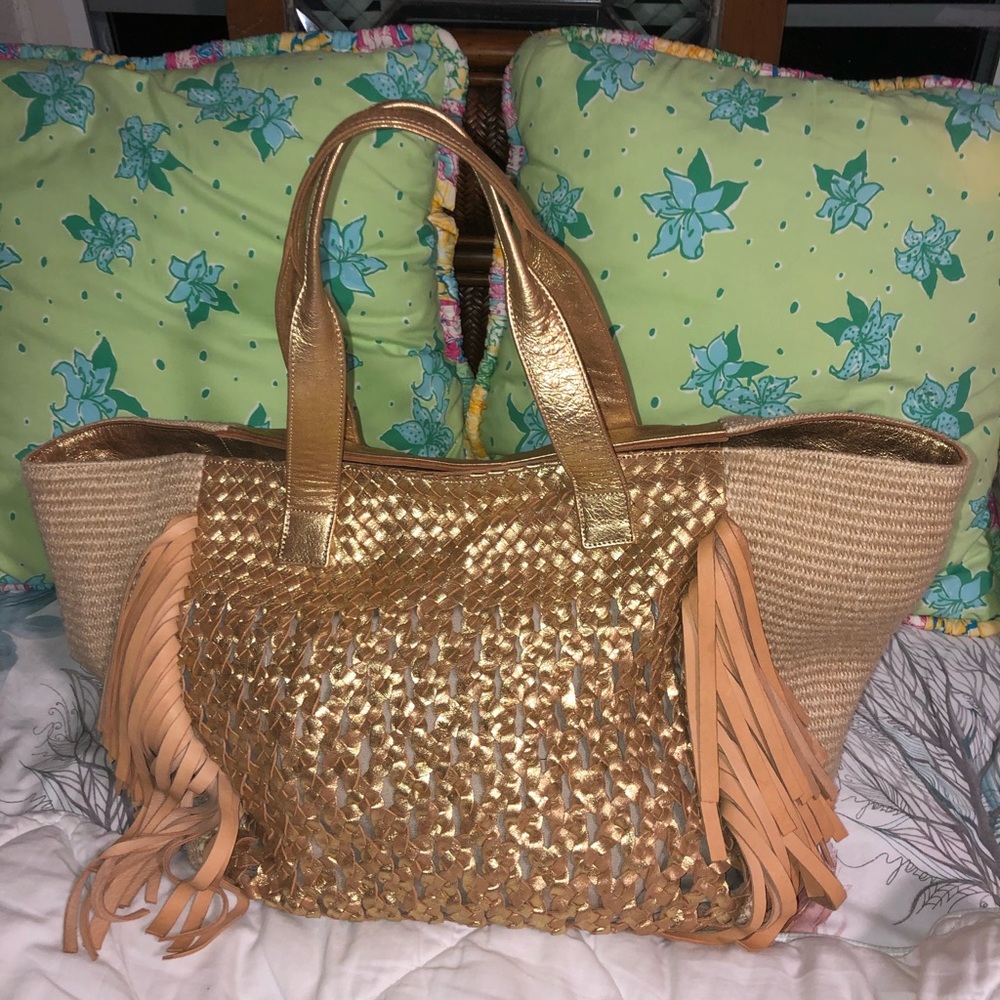 Anthropology claramonte  gold woven fringe bag